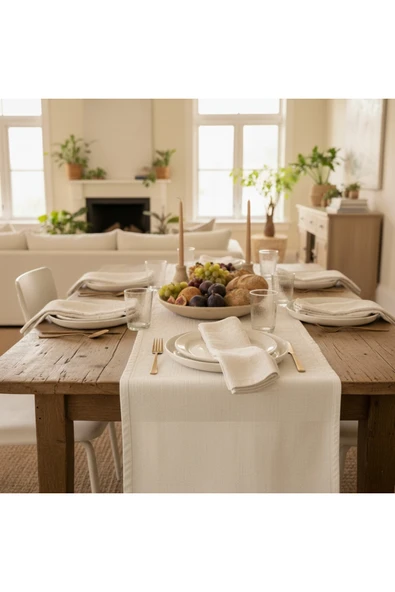 Ham Bez Kumaş Country Tarz Runner 35x210 cm ve 6’lı Peçete Seti - Doğal %100 Pamuk Sofra Takımı