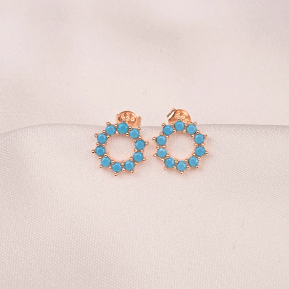 Gümüş Küpe - 925 Ayar Gümüş Yuvarlak Firuze (Turkuaz) Taşlı Küpe - 7