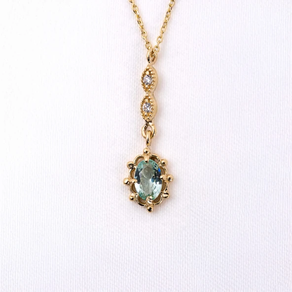 Gümüş Kolye - Vintage Tasarım Sallantılı Oval Su Yeşili Taşlı Zirkon Taşlı 925 Ayar Gümüş Kolye