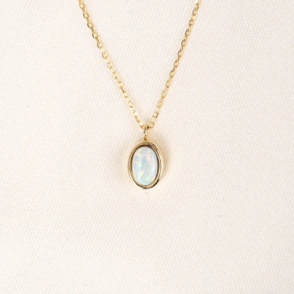 Gümüş Kolye - Opal Oval Taşlı 925 Ayar Gümüş Kolye - 8