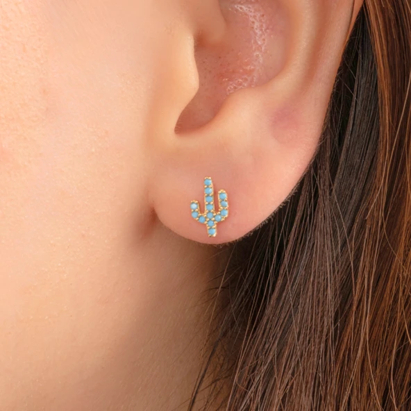 Gümüş Küpe - 925 Ayar Gümüş Minimal Kaktüs Modelli Firuze (Turkuaz) Taşlı Küpe