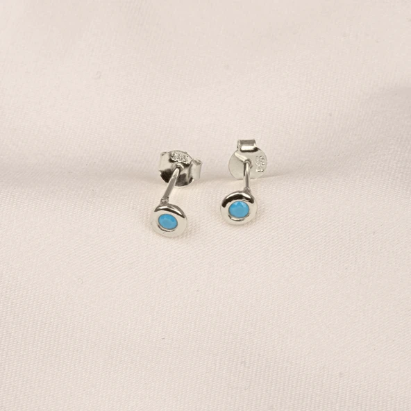 Gümüş Küpe - 925 Ayar Gümüş Minimal Firuze (Turkuaz) Taşlı Küpe - 8