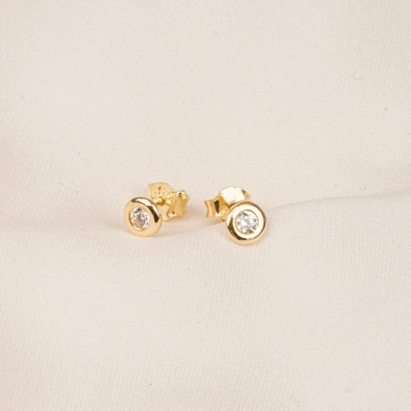 Gümüş Küpe - 925 Ayar Gümüş Minimal Yuvarlak Taşlı Küpe - 4