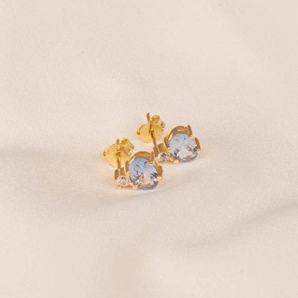 Gümüş Küpe - 925 Ayar Gümüş Oval Blue Topaz Taşlı Tektaş Küpe - 6