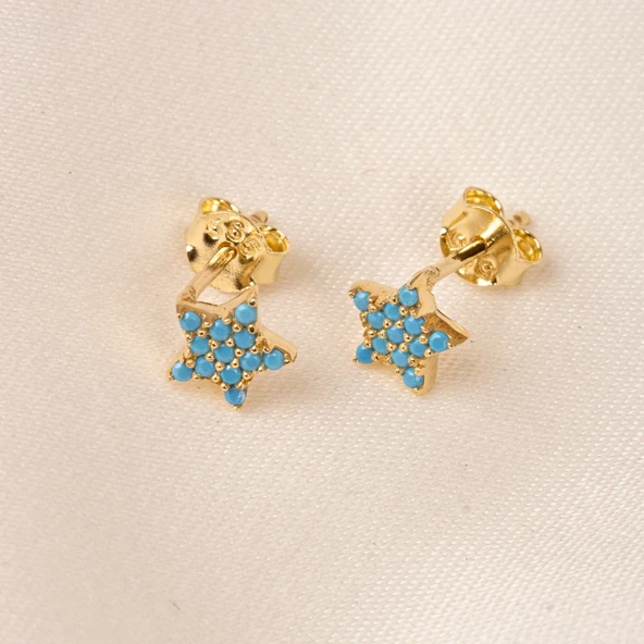 Gümüş Küpe - 925 Ayar Gümüş Firuze (Turkuaz) Taşlı Minimal Yıldız Küpe - 6