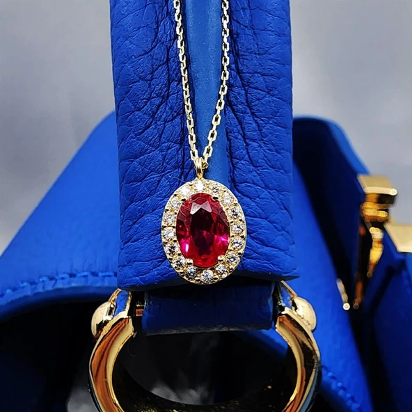 Gümüş Kolye - Lal Taşlı Vintage 925 Ayar Gümüş Kolye-Lal Taşlı Divarane Taşlı Hediyelik Gümüş Kolye