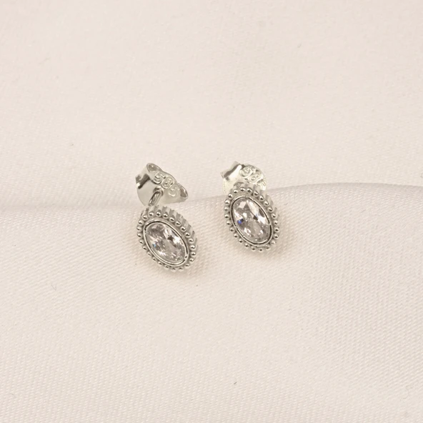 Gümüş Küpe - 925 Ayar Gümüş Oval Taşlı Tasarım Küpe - 8