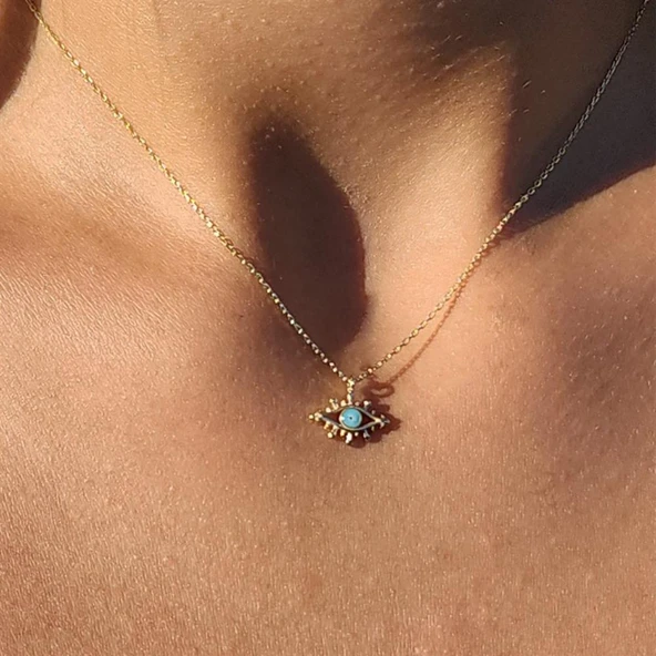 Gümüş Kolye - Tasarım Kirpik Nazar Boncuğu Firuze Mineli Göz Tasarım925 Ayar Gümüş Kolye Gümüş Kolye - Resim 2