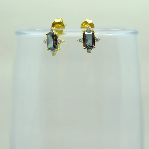 Gümüş Küpe - Octagon Kesim Mistik Topaz Taşlı 0.95 Karat Pırlanta Montürü 925 Ayar Gümüş Küpe - 3