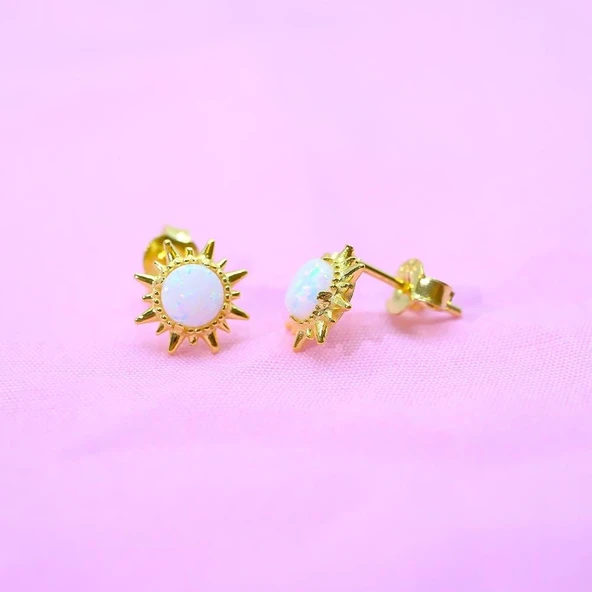 Gümüş Küpe - 925 Ayar Gümüş Opal Taşlı Güneş Desenli Küpe - 4