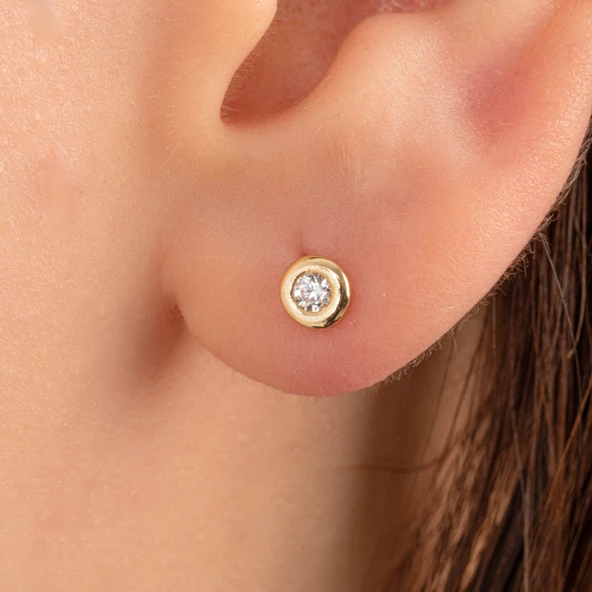 Gümüş Küpe - 925 Ayar Gümüş Minimal Yuvarlak Taşlı Küpe