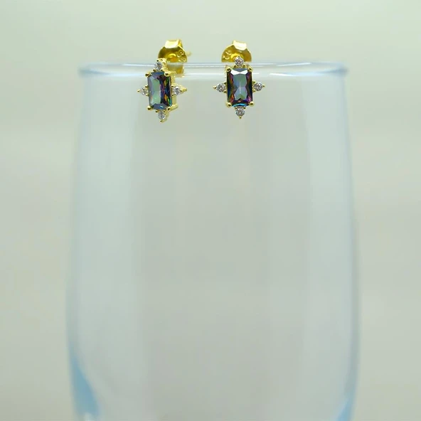 Gümüş Küpe - Octagon Kesim Mistik Topaz Taşlı 0.95 Karat Pırlanta Montürü 925 Ayar Gümüş Küpe - 5