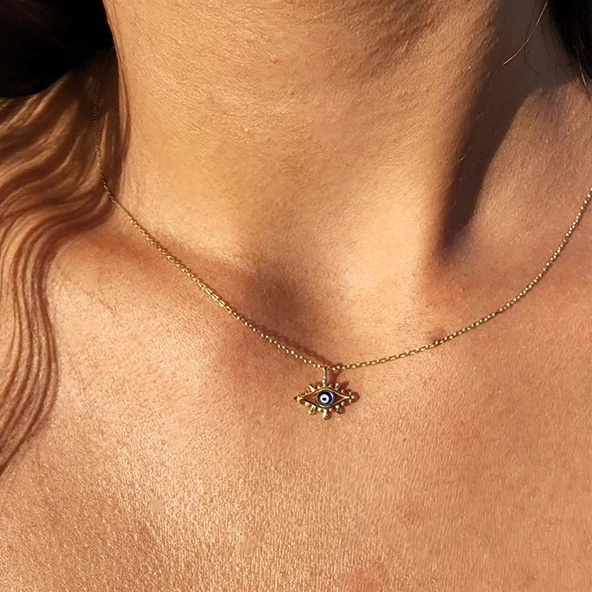 Gümüş Kolye - Tasarım Kirpik Nazar Boncuğu Lacivert Mineli Tasarım Stil Modern 925 Ayar Gümüş Kolye