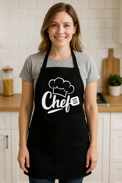 Siyah Chef Baskılı Su Geçirmez Mutfak Önlüğü