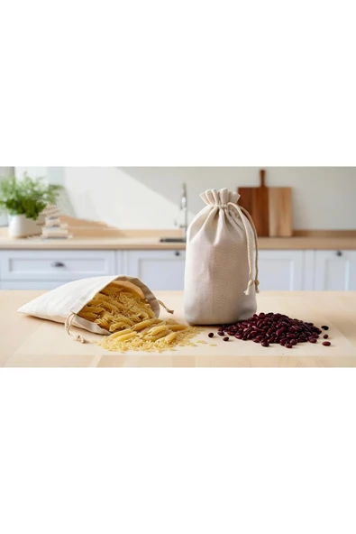 Organik Pamuklu Gıda Torbası 2'li Set Doğal Nefes Alan Yeniden Kullanılabilir Mutfak Saklama Poşeti - 2