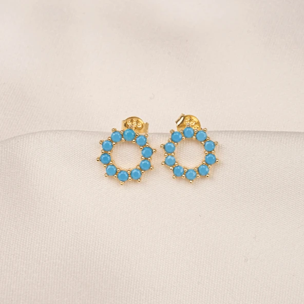 Gümüş Küpe - 925 Ayar Gümüş Yuvarlak Firuze (Turkuaz) Taşlı Küpe - 6