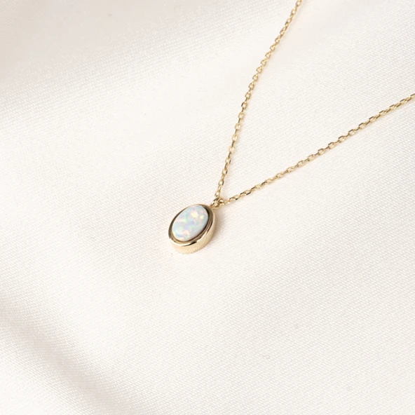 Gümüş Kolye - Opal Oval Taşlı 925 Ayar Gümüş Kolye - 7