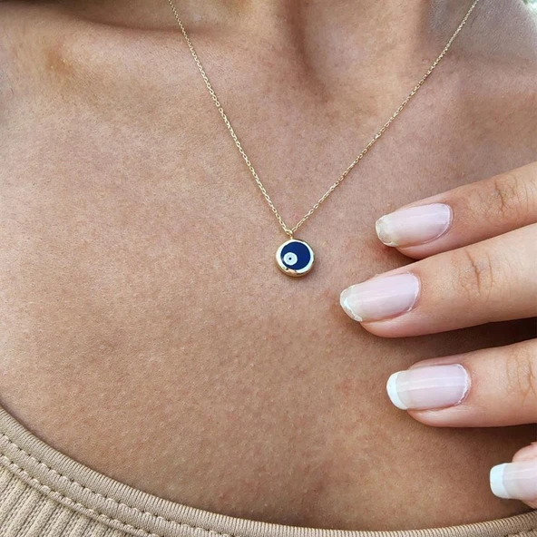 Gümüş Kolye - Ala Lacivert Lazer Mineli Nazar Boncuğu Göz Tasarım Taşsız Modern 925 Ayar Gümüş Kolye - 2