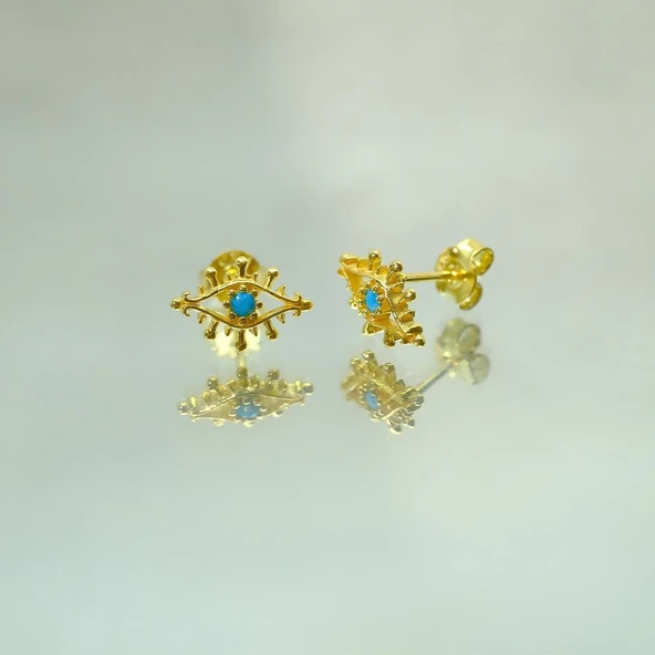 Gümüş Küpe - Kadın Minimal Firuze (Turkuaz) Taşlı Göz Tasarım 925 Ayar Gümüş Küpe - 4