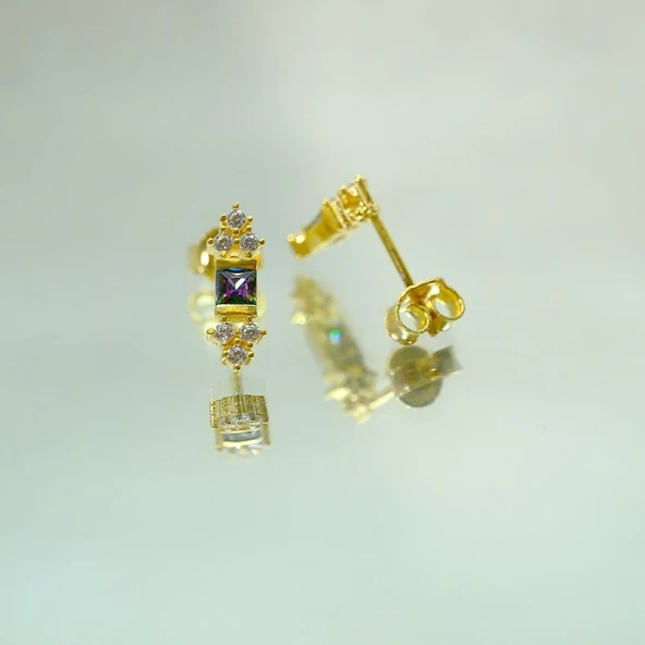 Gümüş Küpe - Kadın Prenses Kesim Mistik Topaz Taşlı Minimal Tasarım 925 Ayar Gümüş Küpe - 3