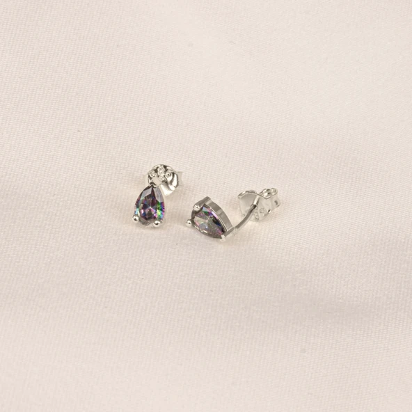 Gümüş Küpe - 925 Ayar Gümüş Damla Desenli Mistik Topaz Taşlı Küpe - 6