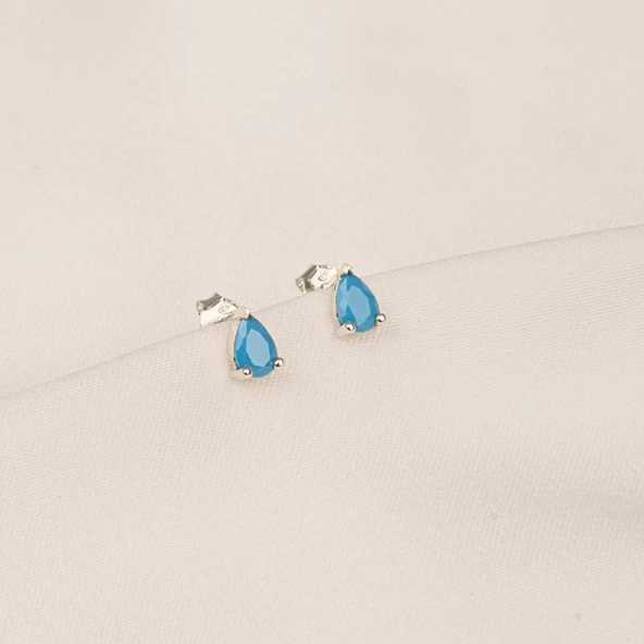 Gümüş Küpe - 925 Ayar Gümüş Damla Modelli Firuze (Turkuaz) Taşlı Küpe - 8