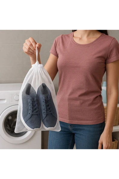 3’lü Set Ayakkabı Yıkama Filesi 35x55 cm Ağzı Büzgülü Çamaşır Makinesi Koruma Filesi - 2