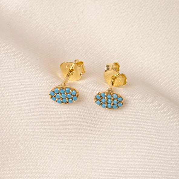 Gümüş Küpe - 925 Ayar Gümüş Sıralı Firuze (Turkuaz) Taşlı Küpe - 5