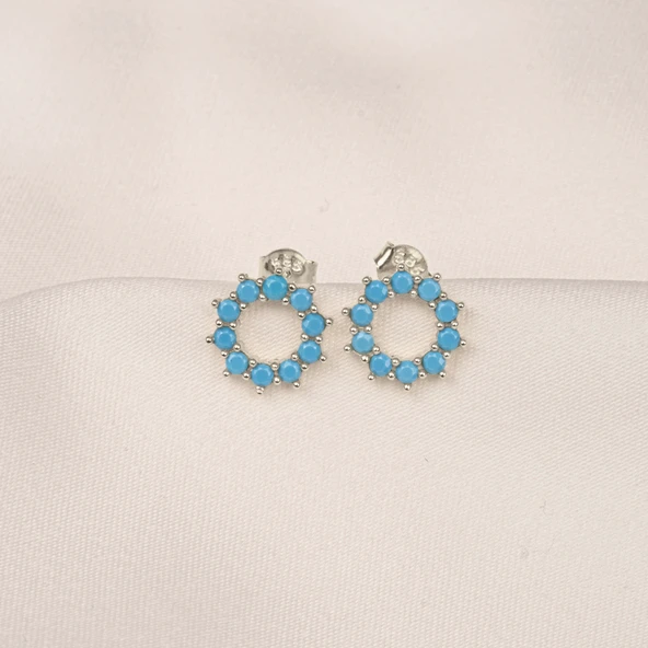 Gümüş Küpe - 925 Ayar Gümüş Yuvarlak Firuze (Turkuaz) Taşlı Küpe - 8