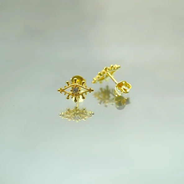 Gümüş Küpe - Kadın Minimal Zirkon Taşlı Göz Tasarım 925 Ayar Gümüş Küpe - 4