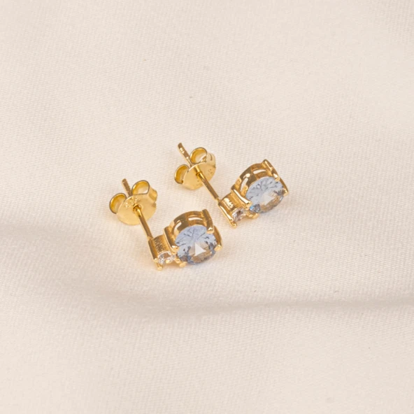 Gümüş Küpe - 925 Ayar Gümüş Oval Blue Topaz Taşlı Tektaş Küpe - 4