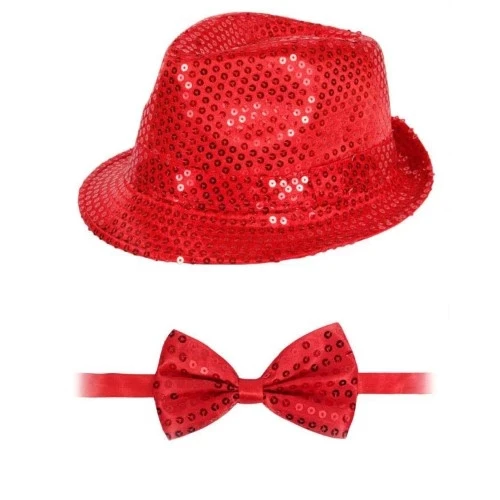 Kırmızı Payetli Şapka ve Papyon Seti – Parıltılı Yetişkin Kostüm Seti - Resim 2