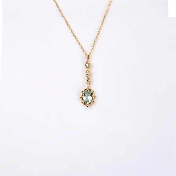 Gümüş Kolye - Vintage Tasarım Sallantılı Oval Su Yeşili Taşlı Zirkon Taşlı 925 Ayar Gümüş Kolye - 7