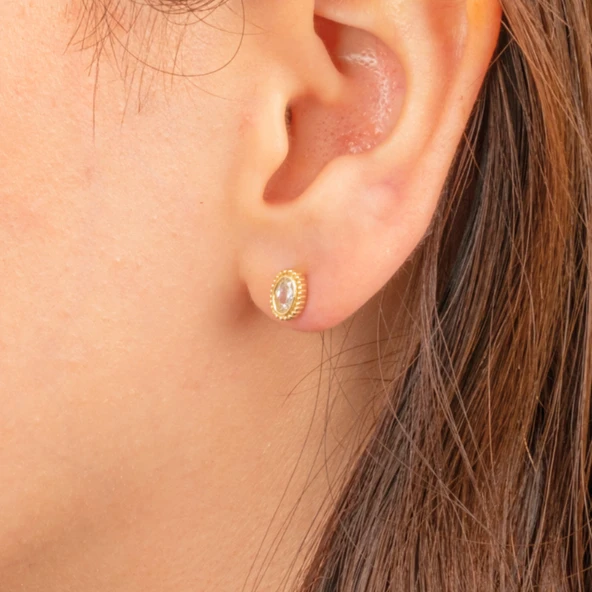 Gümüş Küpe - 925 Ayar Gümüş Oval Taşlı Tasarım Küpe - 3