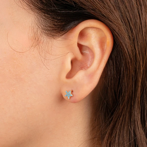 Gümüş Küpe - 925 Ayar Gümüş Firuze (Turkuaz) Taşlı Minimal Yıldız Küpe - 3