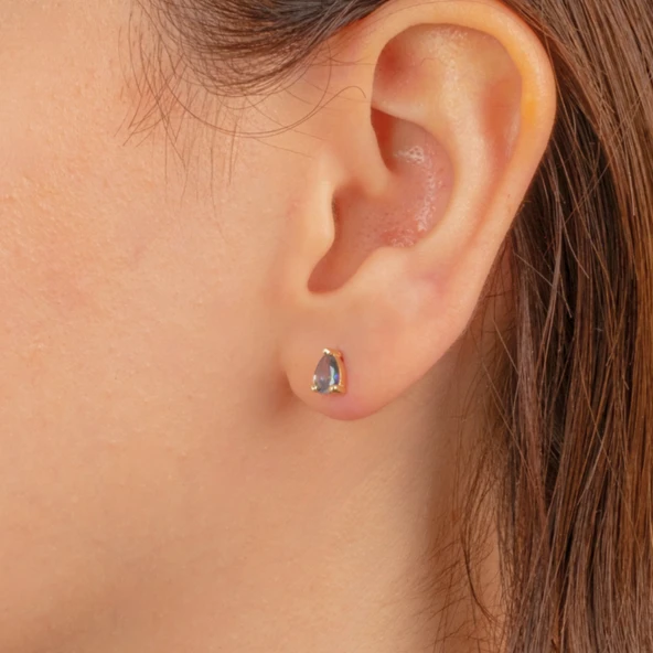 Gümüş Küpe - 925 Ayar Gümüş Damla Desenli Mistik Topaz Taşlı Küpe - 2