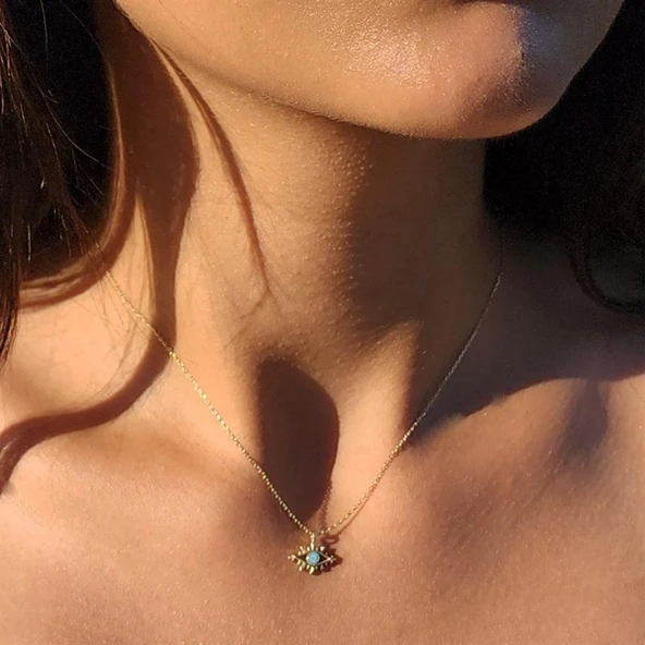 Gümüş Kolye - Tasarım Kirpik Nazar Boncuğu Firuze Mineli Göz Tasarım925 Ayar Gümüş Kolye Gümüş Kolye - Resim 3