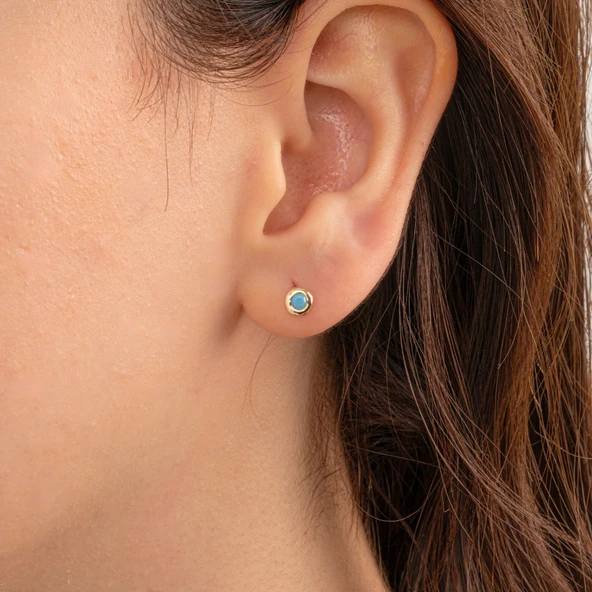 Gümüş Küpe - 925 Ayar Gümüş Minimal Firuze (Turkuaz) Taşlı Küpe - 2