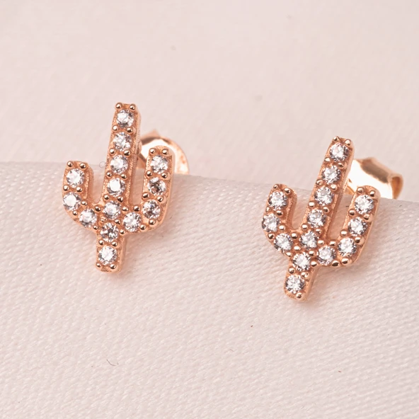 Gümüş Küpe - 925 Ayar Gümüş Minimal Taşlı Kaktüs Figürlü Küpe - 7