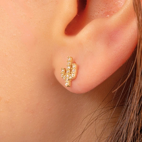 Gümüş Küpe - 925 Ayar Gümüş Minimal Taşlı Kaktüs Figürlü Küpe - 2