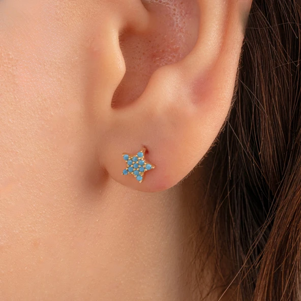 Gümüş Küpe - 925 Ayar Gümüş Firuze (Turkuaz) Taşlı Minimal Yıldız Küpe - 2