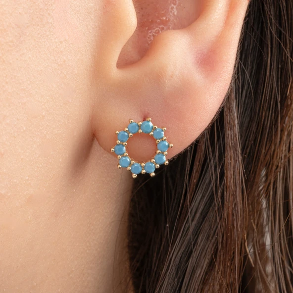 Gümüş Küpe - 925 Ayar Gümüş Yuvarlak Firuze (Turkuaz) Taşlı Küpe