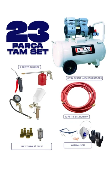 hallettim Attlas SC1050J Sessiz Kompresör 23 Parça Set – 4 Tabanca, Hortum, Bağlantı ve Koruma Ekipmanları ürün görseli