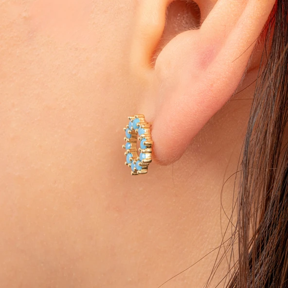 Gümüş Küpe - 925 Ayar Gümüş Yuvarlak Firuze (Turkuaz) Taşlı Küpe - 4