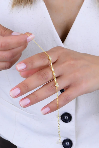 Gümüş altın yaldızlı zirkon taşlı aşk ve şans bilekliği SGTL12940GOLD - Resim 3