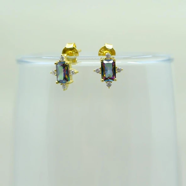 Gümüş Küpe - Octagon Kesim Mistik Topaz Taşlı 0.95 Karat Pırlanta Montürü 925 Ayar Gümüş Küpe - 4