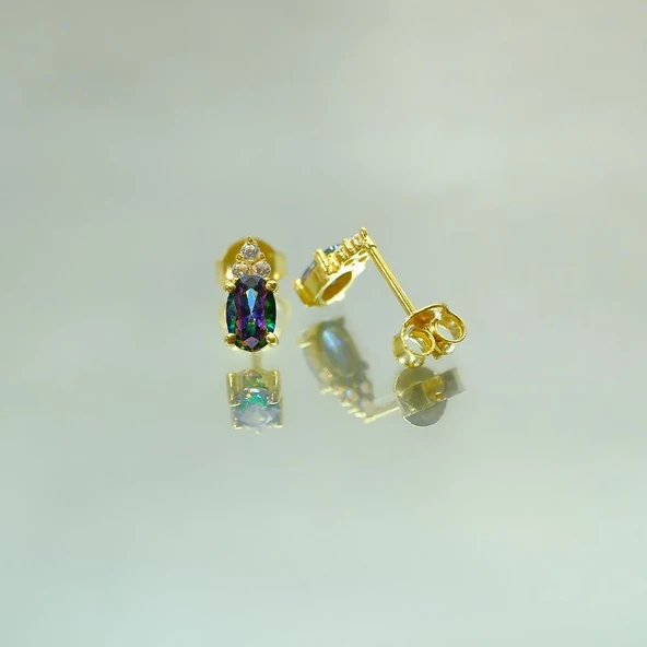 Gümüş Küpe - Kadın Oval Kesim 1.10 Karat Mistik Topaz Taşlı Modern 925 Ayar Gümüş Küpe - 3