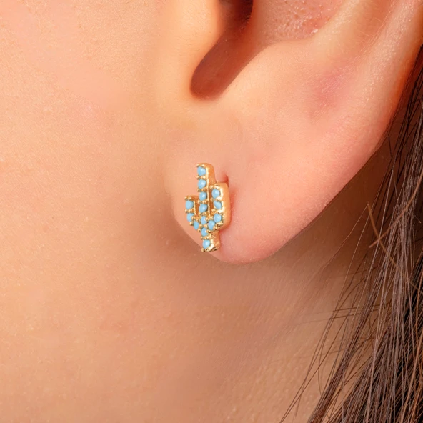 Gümüş Küpe - 925 Ayar Gümüş Minimal Kaktüs Modelli Firuze (Turkuaz) Taşlı Küpe - 2