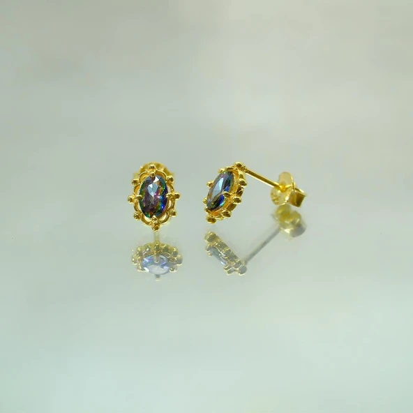 Gümüş Küpe - 925 Ayar Gümüş Vintage Tasarım Mistik Topaz Taşlı Küpe - 5