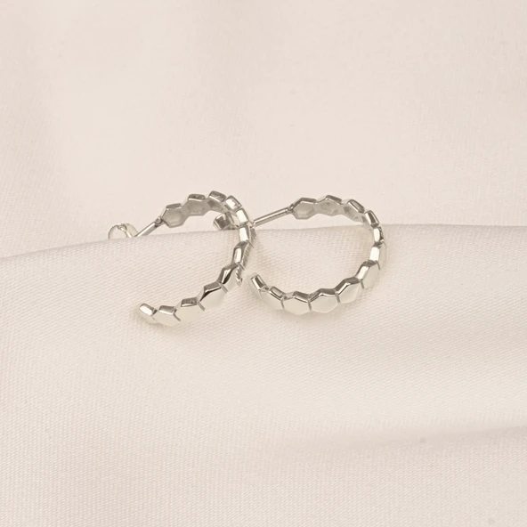 Gümüş Küpe - 925 Ayar Gümüş Bal Peteği Modelli Altıgen Küpe - 8